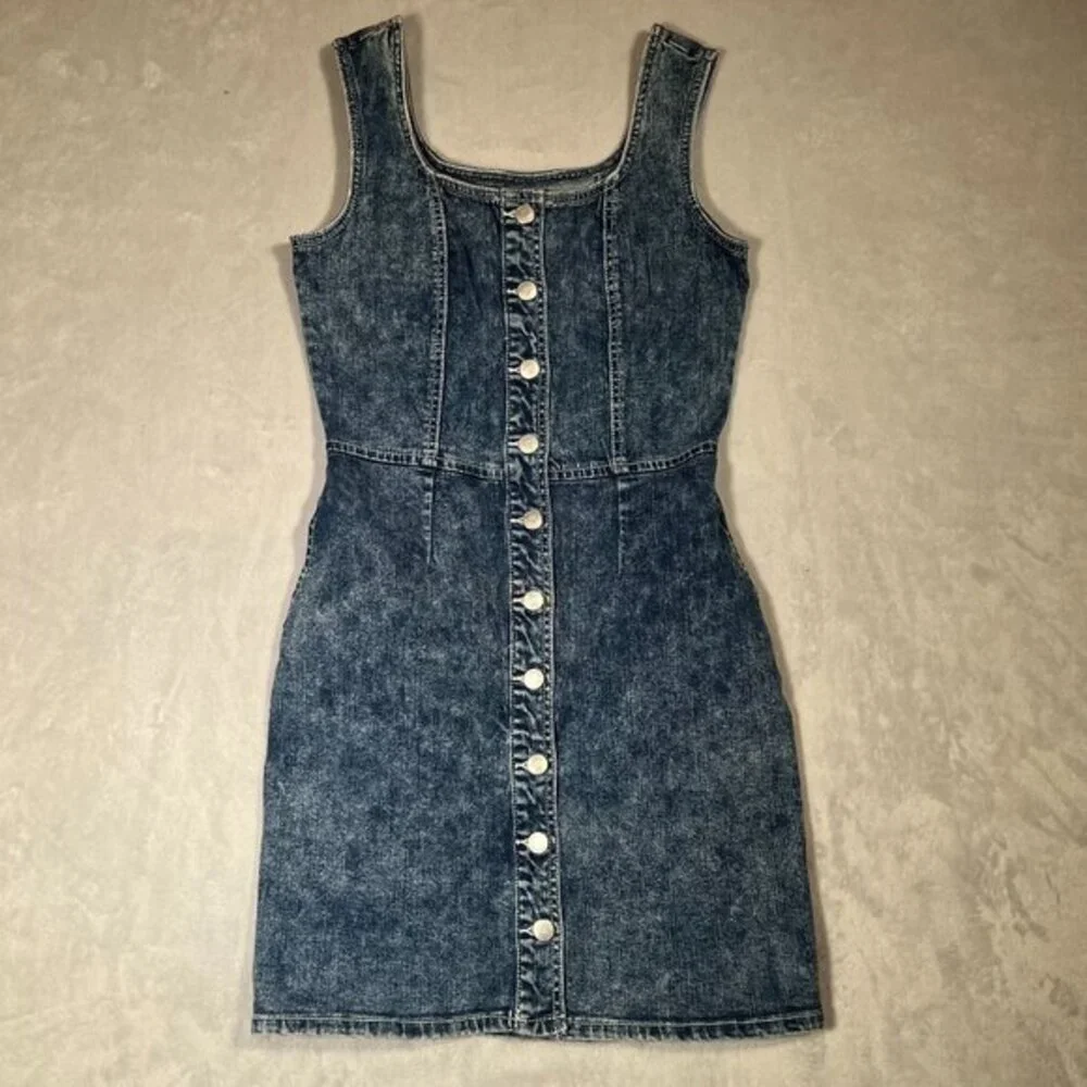 Jordache Vtg‎ Dress Womens XS Blue Jean Denim Button Front Mini Dark Acid Wash